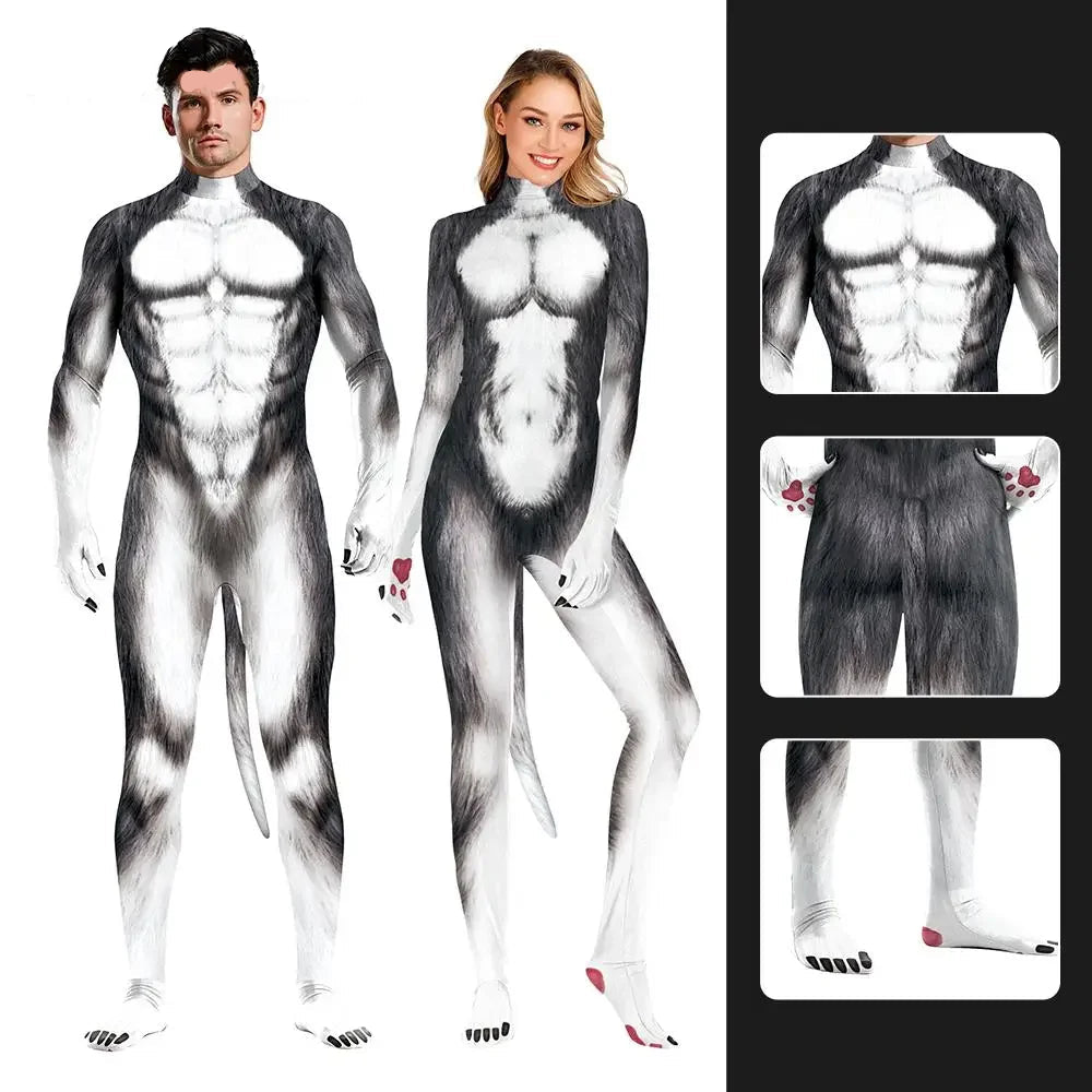 Unisex Husky Costume in Full Jumpsuit with Detachable Tail for Halloween and Cosplay