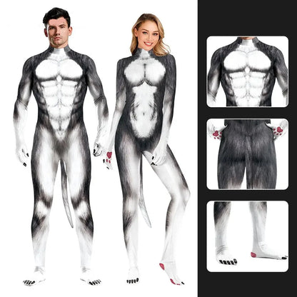 Unisex Husky Costume in Full Jumpsuit with Detachable Tail for Halloween and Cosplay