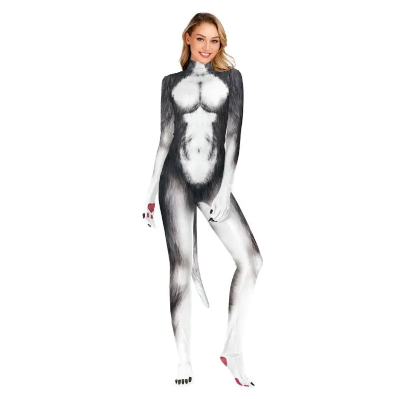 Unisex Husky Costume in Full Jumpsuit with Detachable Tail for Halloween and Cosplay