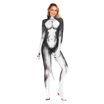Unisex Husky Costume in Full Jumpsuit with Detachable Tail for Halloween and Cosplay