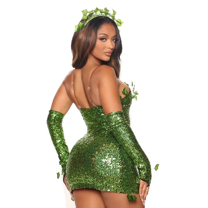 Poison Ivy Costume Mini Sequin Dress with Accessories for Halloween