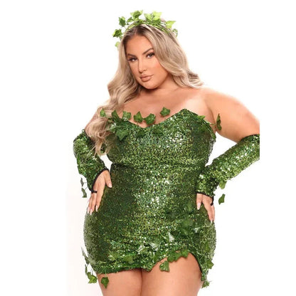 Poison Ivy Costume Mini Sequin Dress with Accessories for Halloween