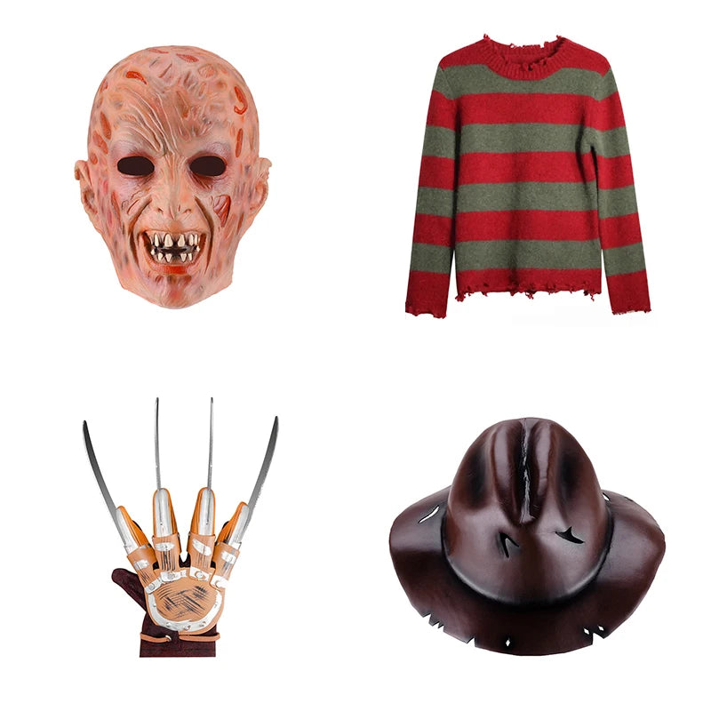 Halloween Costume Freddy Krueger for Adults with Striped Sweater, Fedora Hat, and Blade Glove