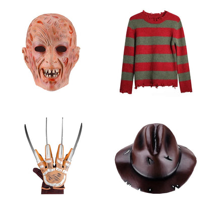 Halloween Costume Freddy Krueger for Adults with Striped Sweater, Fedora Hat, and Blade Glove