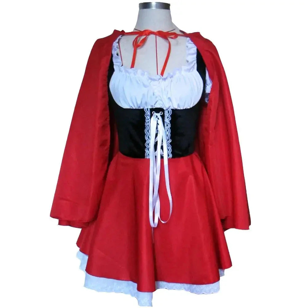 Red Riding Hood Costume for Adults with Cape and Lace-up Dress – Ideal for Halloween and Costume Parties