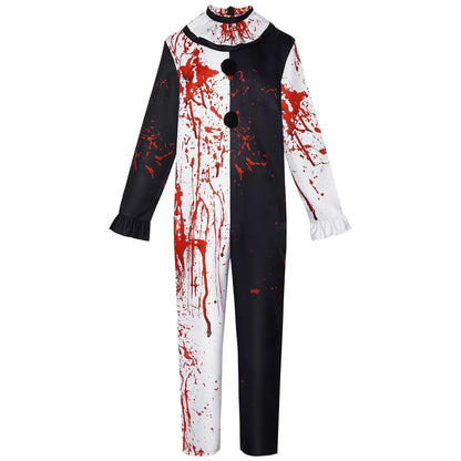 Bloody Clown Costume for Halloween – Complete Black and White Jumpsuit with Bloody Details