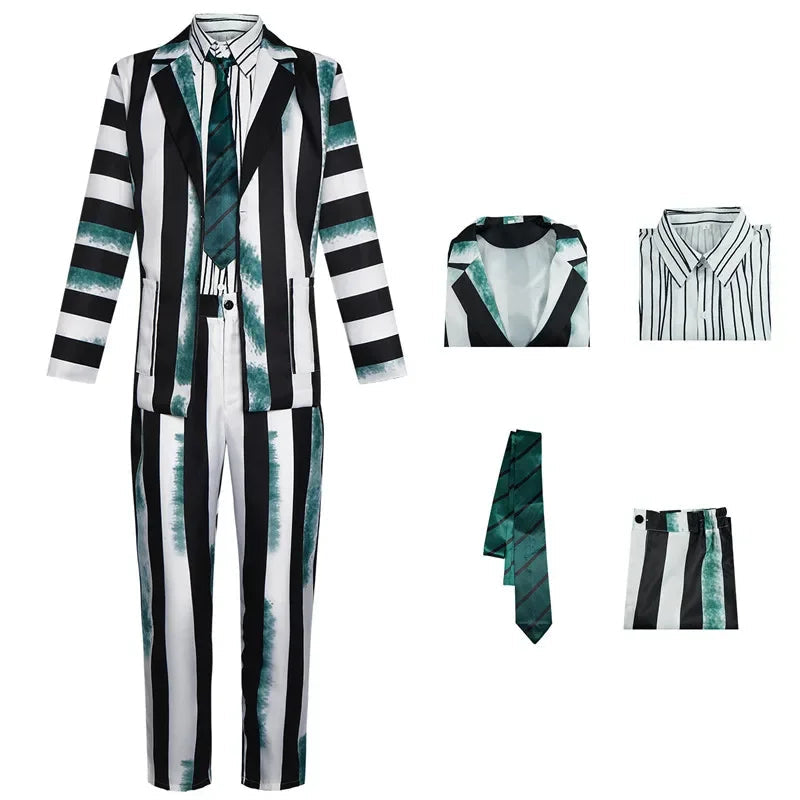 Black and White Striped Cosplay Costume for Halloween – Complete Set for Men