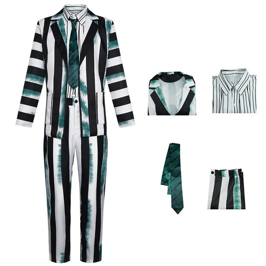 Black and White Striped Cosplay Costume for Halloween – Complete Set for Men
