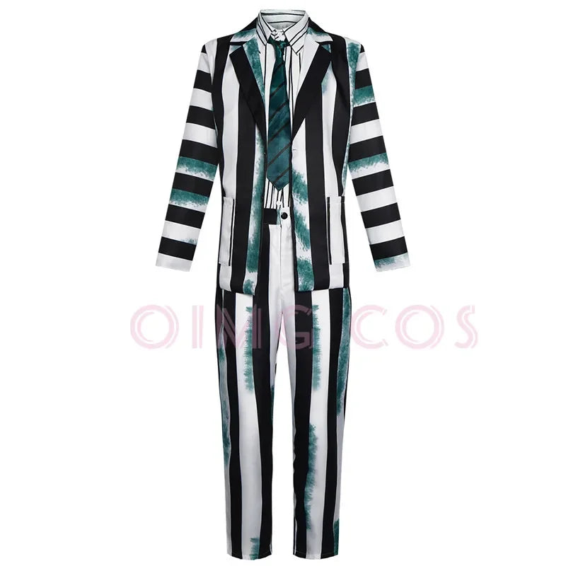 Black and White Striped Cosplay Costume for Halloween – Complete Set for Men