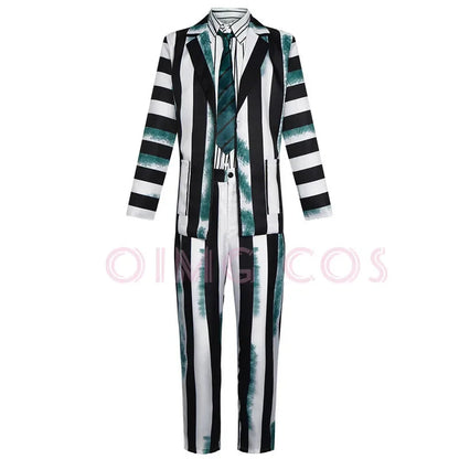 Black and White Striped Cosplay Costume for Halloween – Complete Set for Men