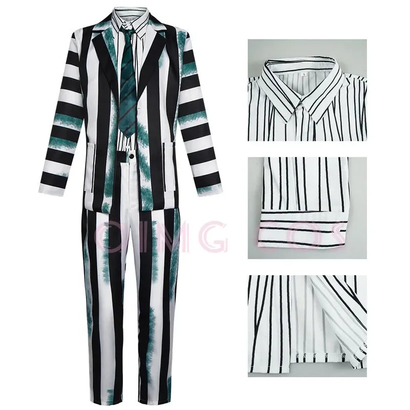 Black and White Striped Cosplay Costume for Halloween – Complete Set for Men