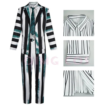 Black and White Striped Cosplay Costume for Halloween – Complete Set for Men