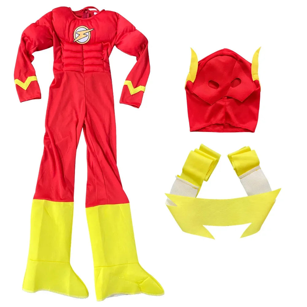 Flash Superhero Costume for Kids with Mask and Muscular Details – Ideal for Halloween and Cosplay