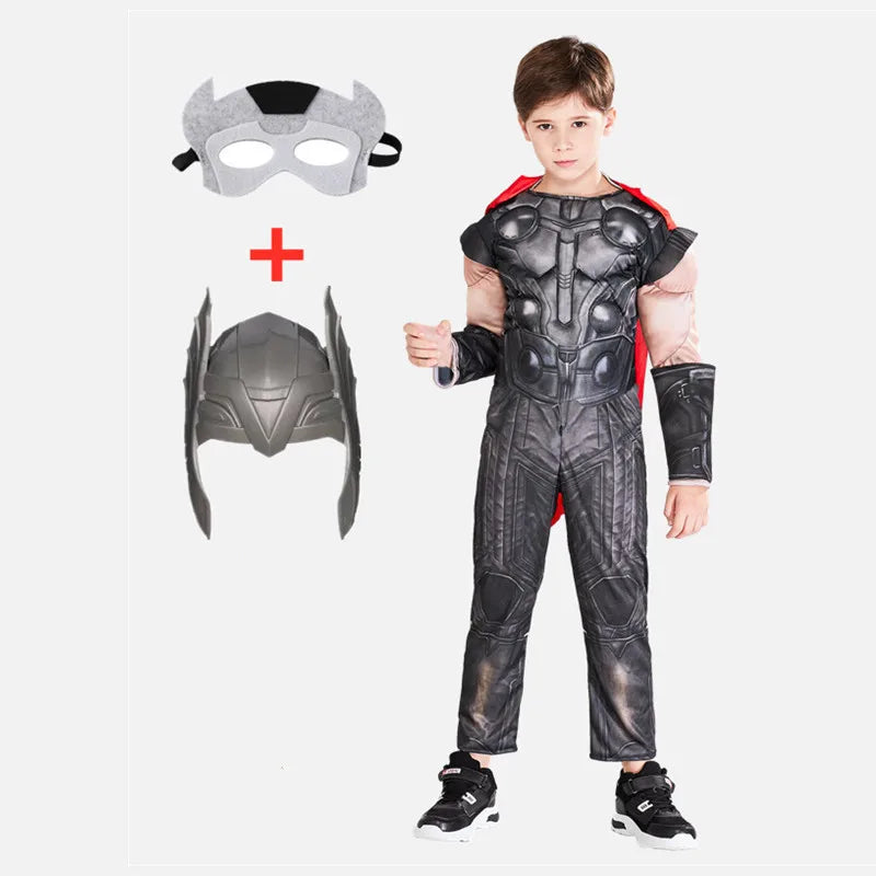 Thor Muscle Superhero Costume for Kids with Helmet and Hammer – Ideal for Halloween and Carnivals