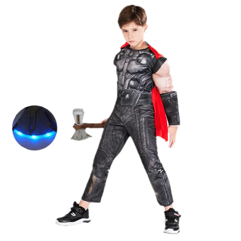 Thor Muscle Superhero Costume for Kids with Helmet and Hammer – Ideal for Halloween and Carnivals