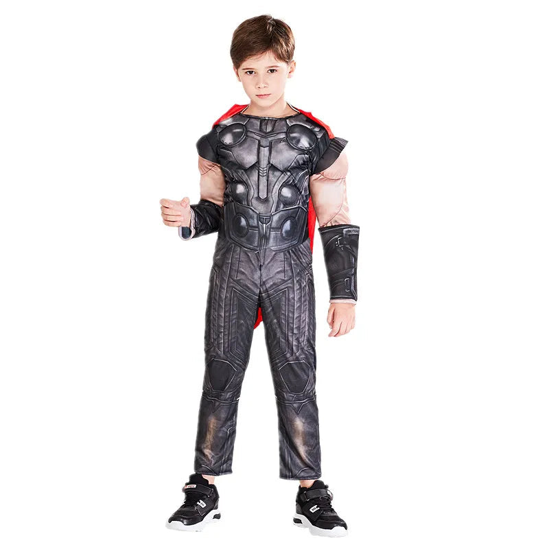 Thor Muscle Superhero Costume for Kids with Helmet and Hammer – Ideal for Halloween and Carnivals