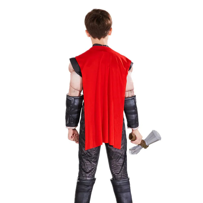 Thor Muscle Superhero Costume for Kids with Helmet and Hammer – Ideal for Halloween and Carnivals