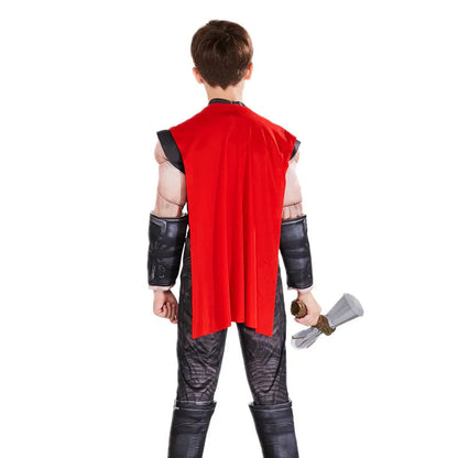 Thor Muscle Superhero Costume for Kids with Helmet and Hammer – Ideal for Halloween and Carnivals