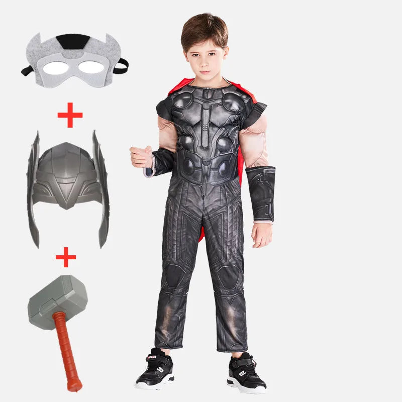 Thor Muscle Superhero Costume for Kids with Helmet and Hammer – Ideal for Halloween and Carnivals
