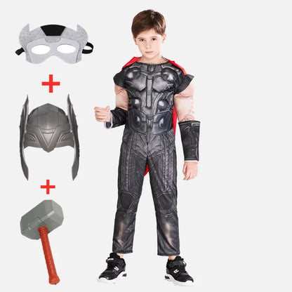Thor Muscle Superhero Costume for Kids with Helmet and Hammer – Ideal for Halloween and Carnivals