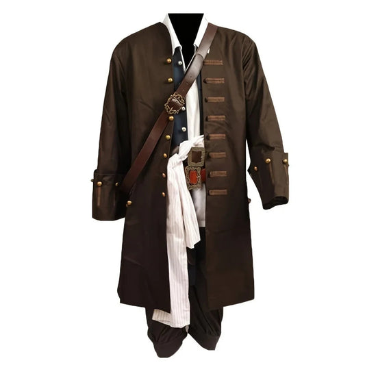 Unisex Jack Sparrow pirate costume with coat, shirt, and accessories for Halloween