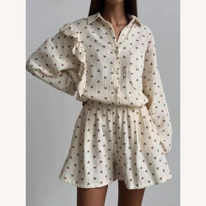 Women's Ruffled Set with Heart Print – Long Blouse and Lightweight Flowing Shorts, Breathable Fabric, Chic and Casual Style