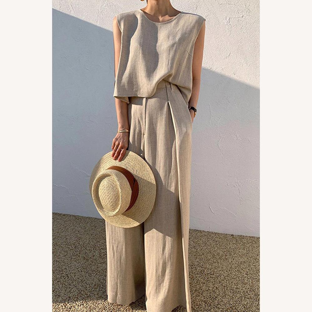 Ensemble Tailleur Femme en Lin – Haut Sans Manches et Pantalon Taille Haute, Chic et Confortable pour Été