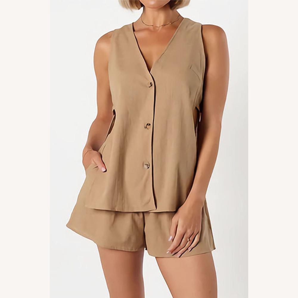 Women's Buttoned Tank Top and Light Shorts Set – Chic and Casual, Breathable Fabric, Ideal for Summer