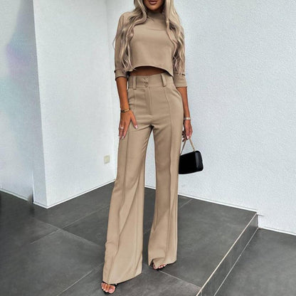 Chic Two-Piece Women's Set with High-Waisted Pants and Crop Top – Elegant and Modern