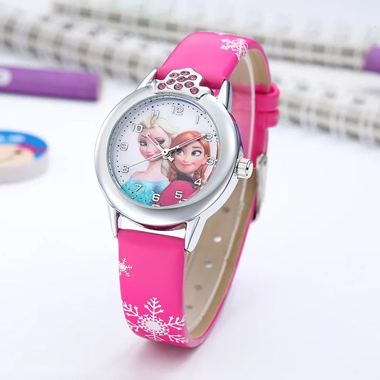 Cute Princess Elsa Kids Watch with Leather Strap – Cartoon Wristwatch for Girls