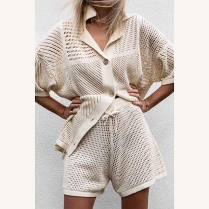 Women's Two-Piece Set in Airy Crochet with Buttoned Shirt and Drawstring Shorts – Chic and Light