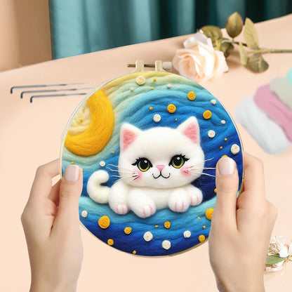 DIY Wool Embroidery Kit - Cute Cat Needle Felt Painting Craft for Home Decor