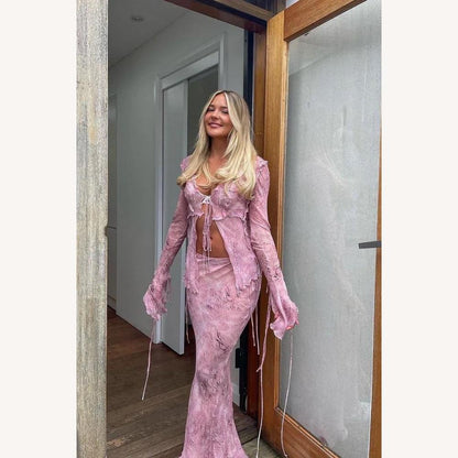 Long Lace Dress for Women with V-Neck and Long Sleeves – Elegant for Summer Evenings and Events