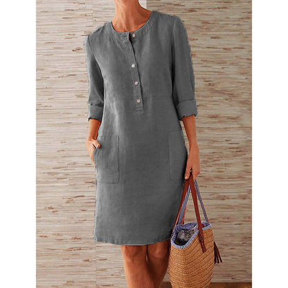 Elegant Women's Knee-Length Dress in Cotton and Linen – Casual and Modern Style, Optimal Comfort