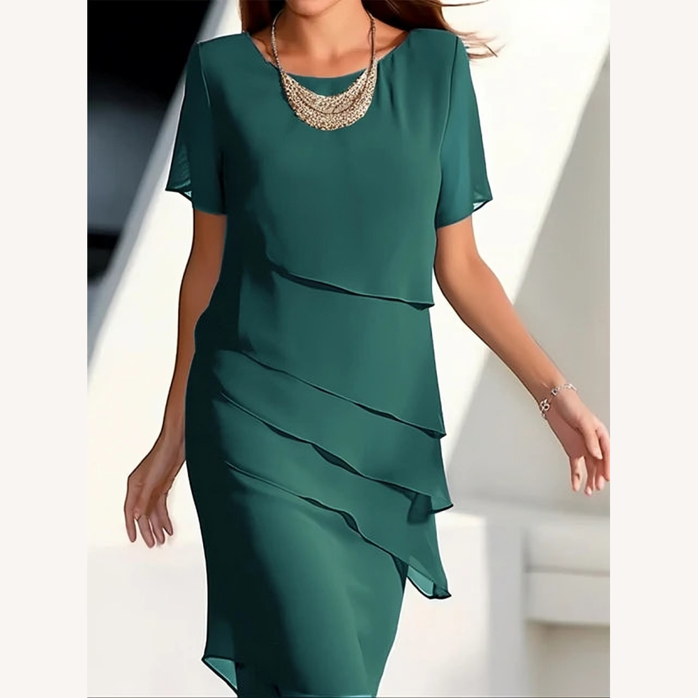 Robe Midi Femme Chic en Chiffon avec Manches Courtes – Élégante et Polyvalente pour Toutes Occasions