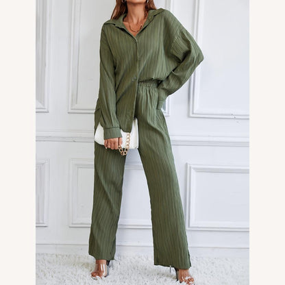 Women's Green Suit Set, Long Sleeve Shirt and Wide Leg Pants, Casual and Elegant Style, Available in S to XL