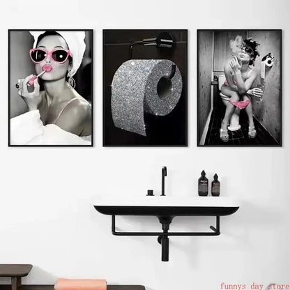 Bathroom Wall Decoration - Hepburn Canvas with Girl Drinking and Smoking