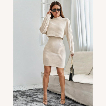 Ribbed Beige Women's Sweater Dress, Soft and Fitted Knit, Two-Piece Effect, Turtleneck, Long Sleeves, Size S to XL