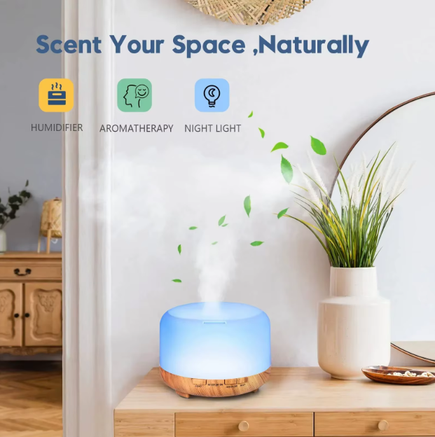 Diffuseur Huile Essentielle 500ML Ultrasonique avec Éclairage LED 7 Couleurs et Minuteries Personnalisables pour Bien-Être Optimal