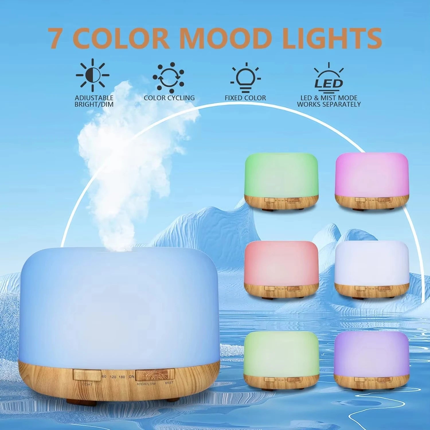 Diffuseur Huile Essentielle 500ML Ultrasonique avec Éclairage LED 7 Couleurs et Minuteries Personnalisables pour Bien-Être Optimal