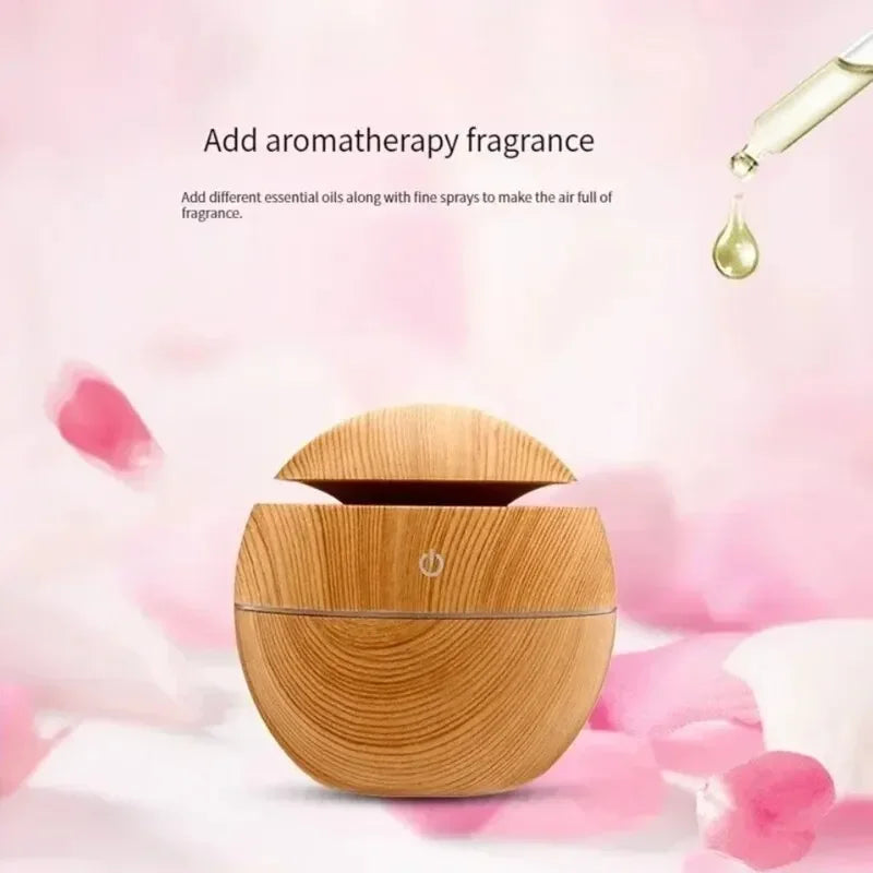Compact Wooden Ultrasonic Aroma Diffuser with LED Lighting – USB Humidifier for Essential Oils