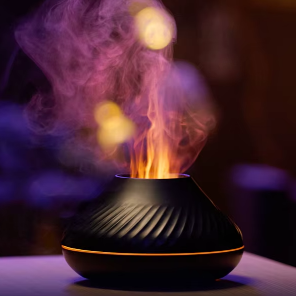Diffuseur d'Arome Volcanique 130ml avec Lampe de Nuit LED à Flamme Colorée et Humidificateur USB Silencieux