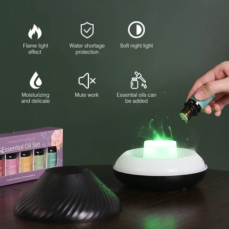 Diffuseur d'Arome Volcanique 130ml avec Lampe de Nuit LED à Flamme Colorée et Humidificateur USB Silencieux