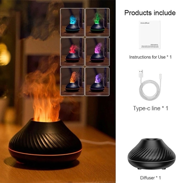 Diffuseur d'Arome Volcanique 130ml avec Lampe de Nuit LED à Flamme Colorée et Humidificateur USB Silencieux