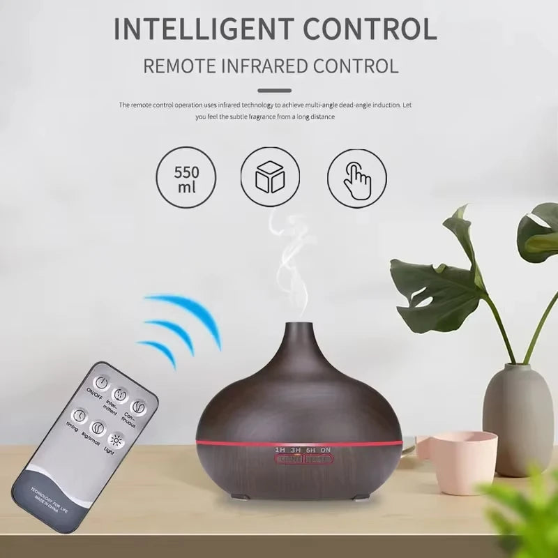 Diffuseur d'Huiles Essentielles 500ml avec Télécommande et Lumières Colorées – Humidificateur en Bois