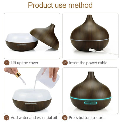 Essential Oil Diffuser 500ml with Remote Control and Colored Lights – Wooden Humidifier