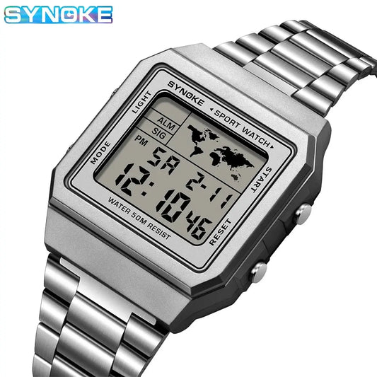 Digital Sport Watch for Men, Stainless Steel Band, 5Bar Water Resistance, Backlight, Lightweight, Clear Digital Display