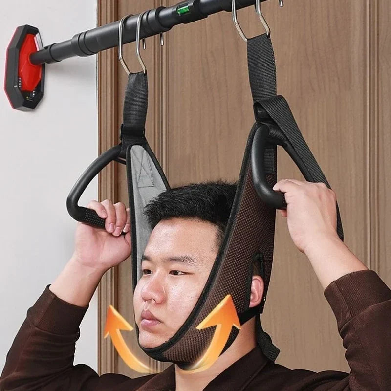 Cervical stretching device with suspension strap for pain relief
