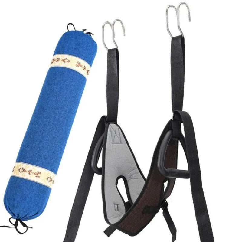 Cervical stretching device with suspension strap for pain relief