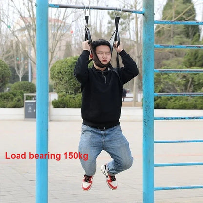 Cervical stretching device with suspension strap for pain relief